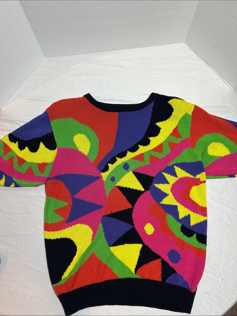 Vtg 80 Knit Art Geometric Bold Multicolor Crew Neck Sweater Vibrant Abstract L